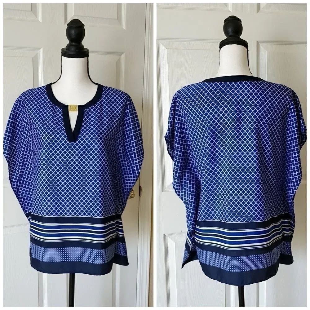 Anne Klein caftan blouse blue & white sz S
